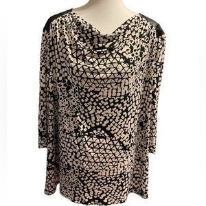 Susan Graver Black White Graphic Faux Leather Shoulder Liquid Knit 3/4 Sleeve